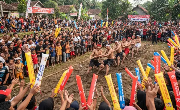 Balon Tepuk Karimun memberikan semangat peserta pada lomba tarik tambang.