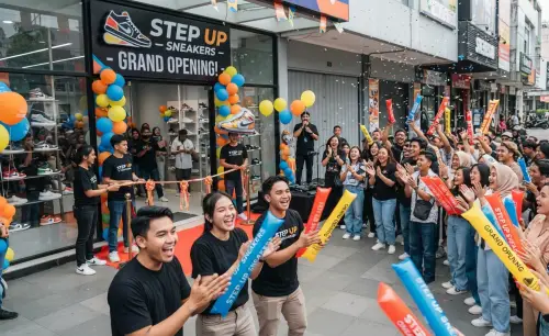 Balon Tepuk Muaro Jambi menjadi pelengkap suasana pada acara grand opening toko sepatu.