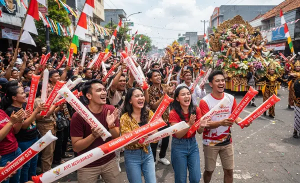 Balon Tepuk Mukomuko digunakan peserta saat memeriahkan acara karnaval.