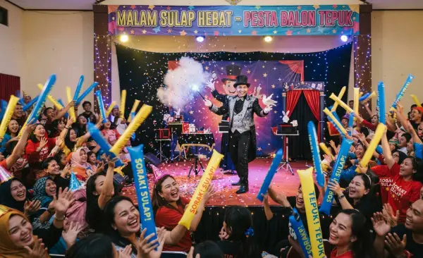 Balon Tepuk memeriahkan suasana acara pertunjukan sulap.