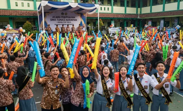 Balon Tepuk Palu menambah kemeriahan suasana acara perpisahan sekolah.