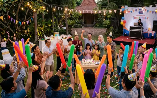 Balon Tepuk Balangan memeriahkan suasana perayaan ulang tahun bersama keluarga dan para tamu.