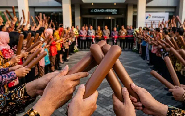 Balon tepuk digunakan untuk menyambut tamu pada acara grand opening hotel dengan suasana meriah.