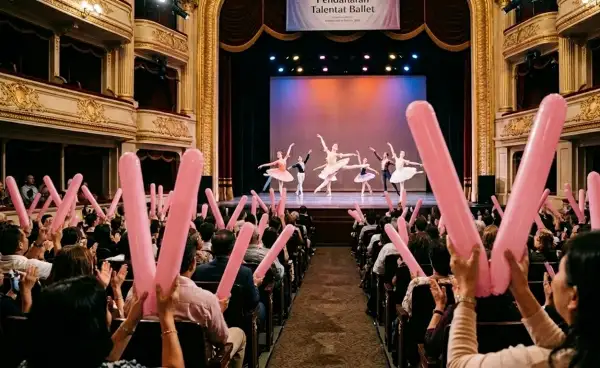 Balon tepuk Banyuasin digunakan penonton untuk memeriahkan pertunjukan tari balet di dalam gedung teater.