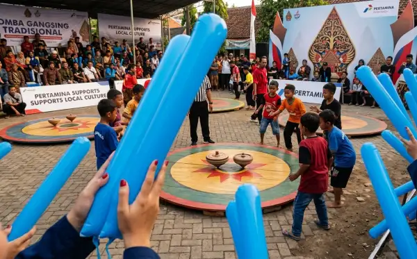 Balon tepuk bengkalis digunakan penonton untuk memeriahkan perlombaan gasing tradisional di tengah keramaian acara.