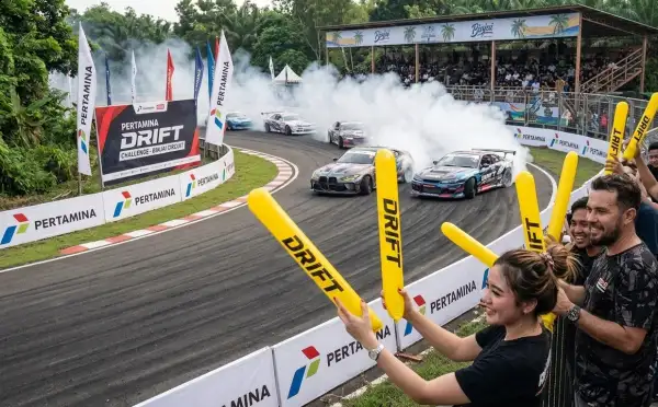 Penonton sedangmenyaksikan ajang lomba mobil drift