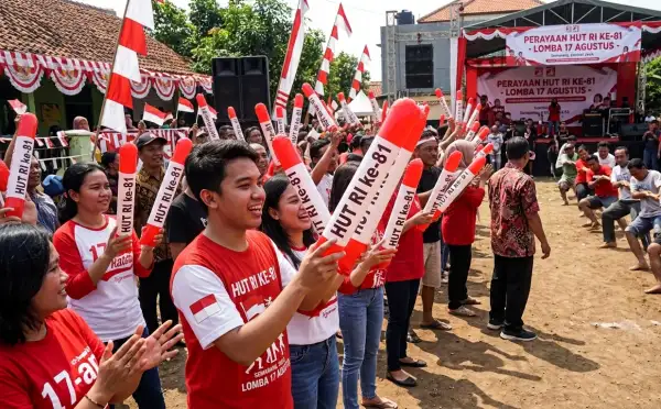 Suasana meriah lomba 17 Agustus dengan peserta membawa balon tepuk berwarna merah dan putih