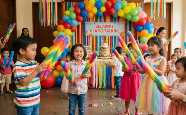 Anak-anak bermain dengan balon tepuk warna-warni dalam suasana perayaan ulang tahun yang meriah.