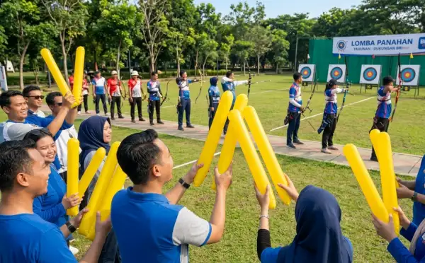 Suasana meriah penonton saat menyaksikan perlombaan panahan di lapangan terbuka.