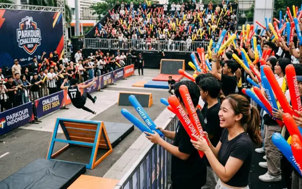 balon tepuk buol sedang digunakan pada acara parkour