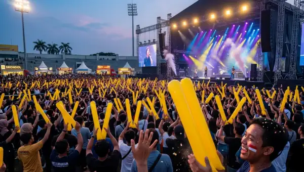 balon tepuk buton sedang digunakan pada konser di sebuah lapangan
