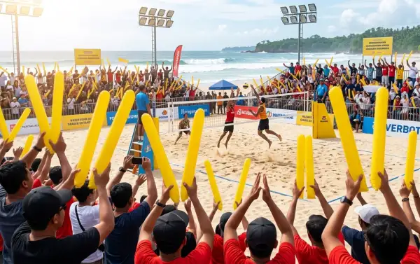 Penonton menggunakan balon tepuk Dharmasraya berwarna kuning untuk memeriahkan pertandingan voli pantai di lapangan tepi pantai.