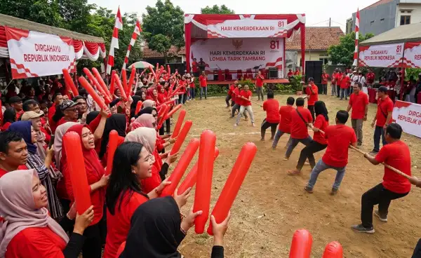 Penonton memberikan dukungan dalam perlombaan Agustus untuk memperingati kemerdekaan Indonesia.