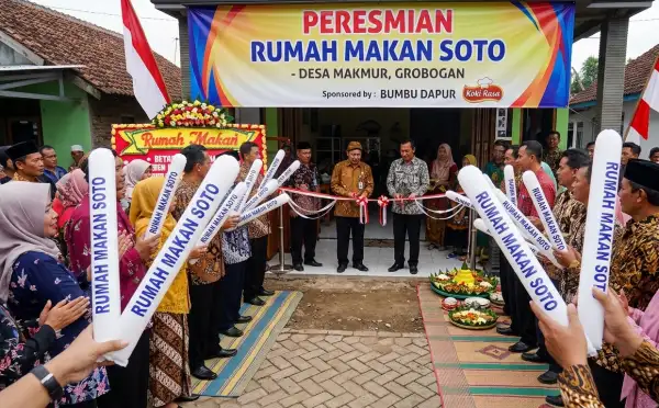Peserta membawa balon tepuk bertuliskan Rumah Makan Soto saat acara peresmian rumah makan di Desa Makmur, Grobogan