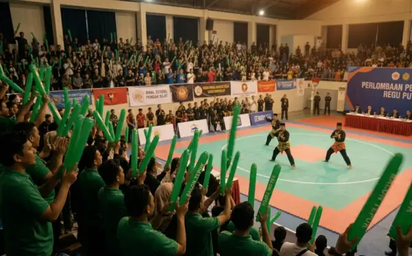 Penonton mendukung perlombaan regu pencak silat di arena pertandingan.