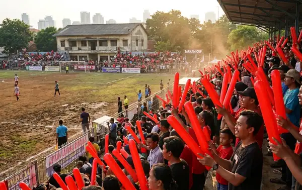 Suporter menyaksikan pertandingan sepak bola di lapangan.