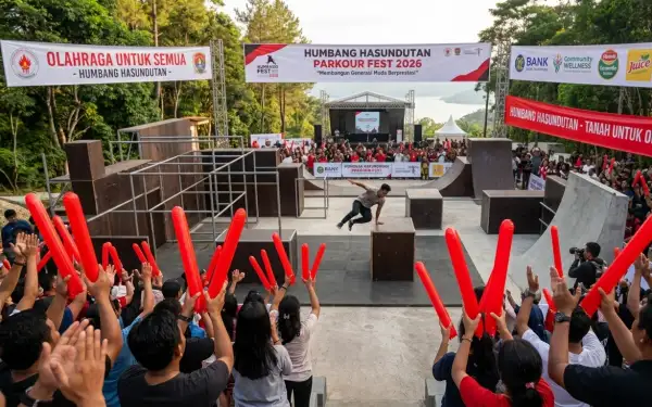 Penonton menggunakan balon tepuk Humbang Hasundutan untuk memeriahkan acara parkour.