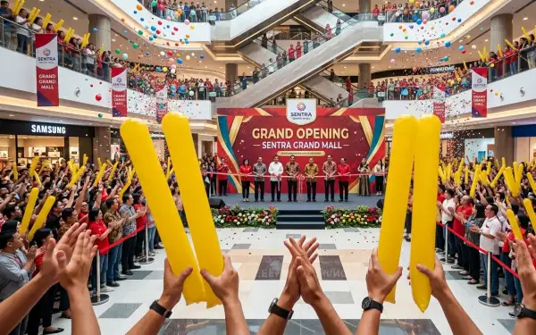 Penonton mengangkat balon tepuk kuning saat peresmian pusat perbelanjaan.