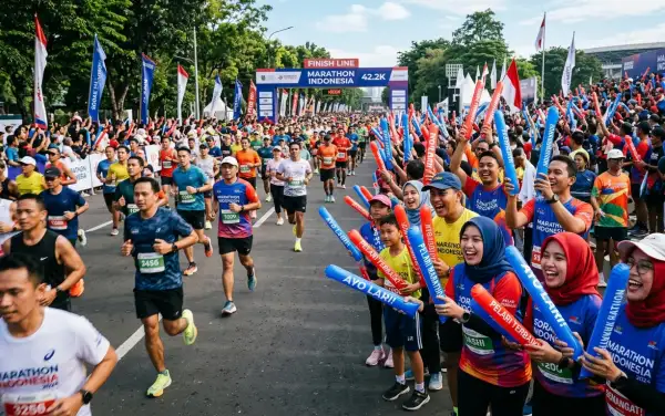 Peserta dan pendukung marathon sebagai penyemangat para pelari di garis finish acara lari.