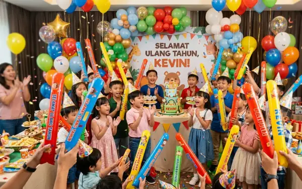 Anak-anak dan keluarga merayakan ulang tahun di depan dekorasi pesta yang meriah.