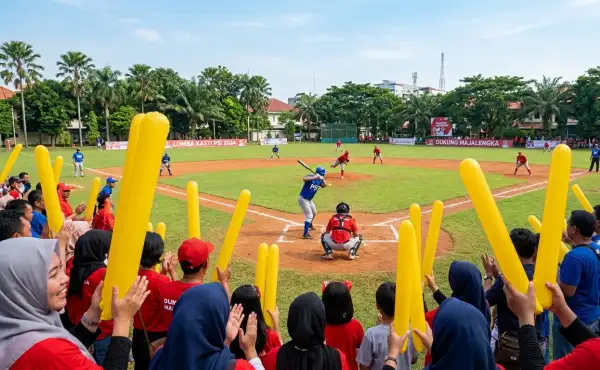 Penonton memberikan dukungan kepada pemain saat pertandingan kasti berlangsung di lapangan.