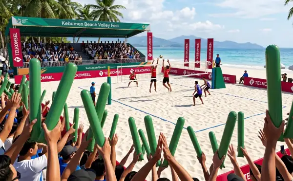 Balon Tepuk Kebumen digunakan penonton saat mendukung pertandingan voli pantai dengan suasana meriah di area tribun dan lapangan.