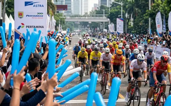 Penonton mengangkat balon biru untuk menyemangati peserta lomba balap sepeda di jalan raya.