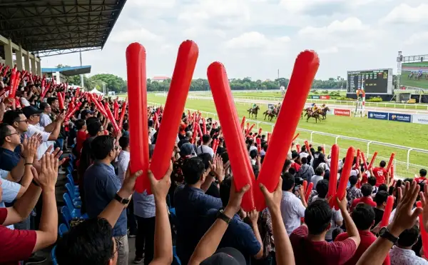 Penonton di tribun memberikan semangat pada perlombaan berkuda di lapangan.