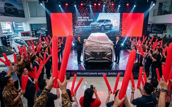 suasana peluncuran mobil baru di sebuah dealer mobil