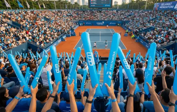 balon tepuk kutai kartanegara sedang digunakan untuk menonton pertandingan tenis lapangan