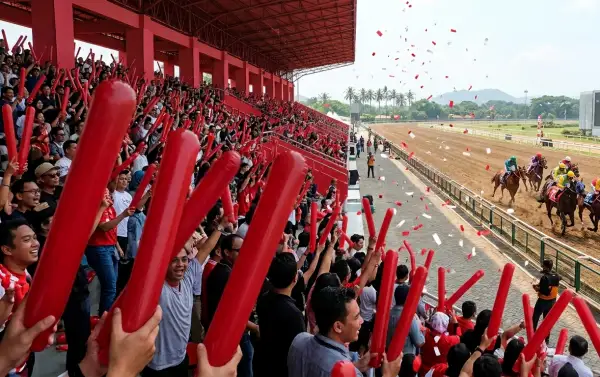 Suporter memeriahkan perlombaan kuda dengan Balon Tepuk Lamandau berwarna merah