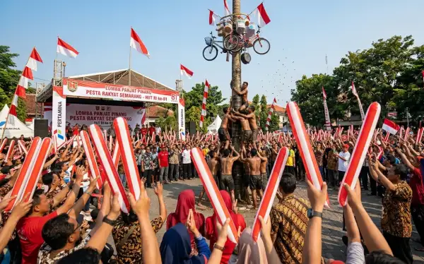 Suasana pesta rakyat semakin meriah ketika warga mengangkat balon tepuk Muara Enim merah putih untuk menyemangati peserta lomba panjat pinang.