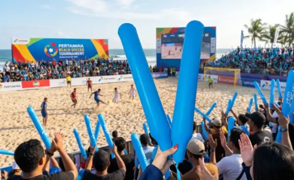 Penonton menggunakan balon tepuk biru untuk mendukung pertandingan sepak bola pantai