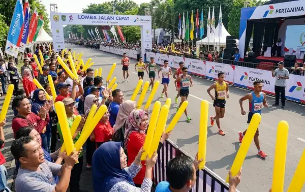 Balon tepuk Ogan Ilir digunakan penonton untuk menyemangati peserta dalam perlombaan jalan cepat.