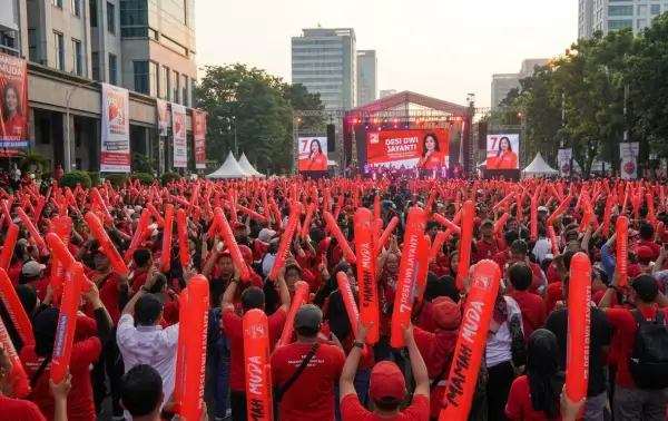 Kerumunan peserta memeriahkan suasana acara kampanye di ruang terbuka.