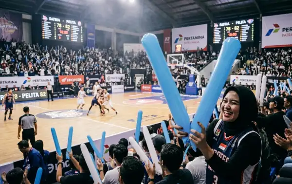 Balon tepuk Ogan Ilir digunakan penonton untuk memberikan dukungan kepada tim saat menyaksikan pertandingan basket di arena olahraga.
