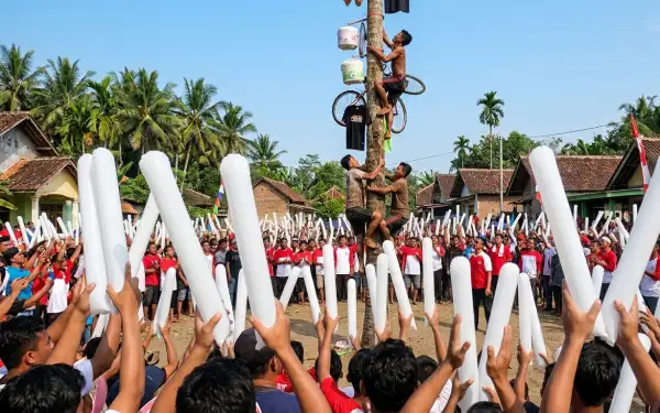 Balon tepuk Palangka Raya digunakan penonton untuk memeriahkan lomba panjat pinang saat perayaan berlangsung.