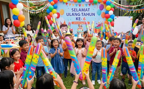 Anak-anak mengangkat balon tepuk warna-warni saat merayakan acara ulang tahun.