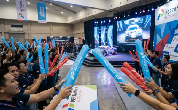 Pengunjung pameran otomotif menyambut peluncuran mobil sport dengan meriah.