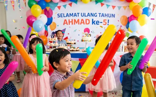 Anak-anak bermain balon tepuk warna-warni dalam suasana perayaan ulang tahun