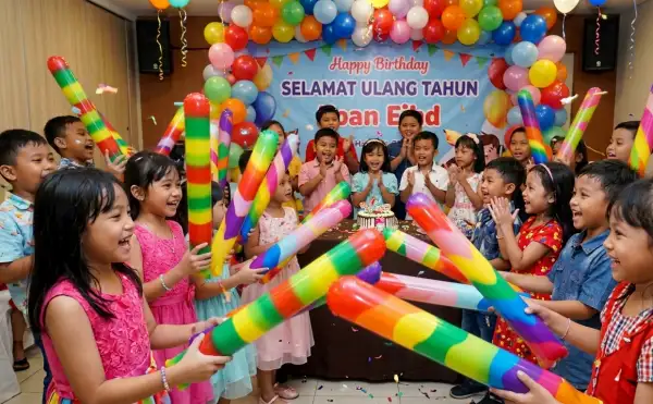 Anak-anak merayakan pesta ulang tahun dengan balon tepuk warna-warni sambil mengelilingi kue ulang tahun.