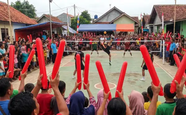 Balon tepuk Payakumbuh merah digunakan oleh penonton untuk menyemangati pertandingan sepak takraw tarkam.