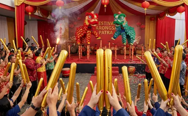 Penonton mengangkat balon tepuk emas saat menyaksikan pertunjukan barongsai dalam suasana festival yang meriah.