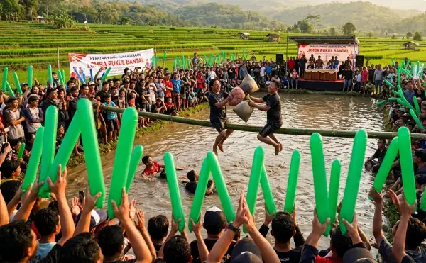 Sorak penonton semakin meriah dengan balon tepuk hijau saat lomba pukul bantal di area persawahan.