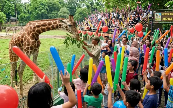 Penonton memeriahkan kegiatan bersama jerapah di kebun binatang.