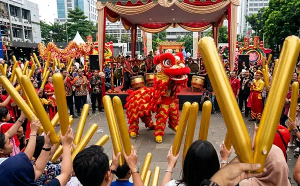 Balon tepuk rembang berwarna emas digunakan untuk menyemarakkan pertunjukan barongsai di tengah keramaian.