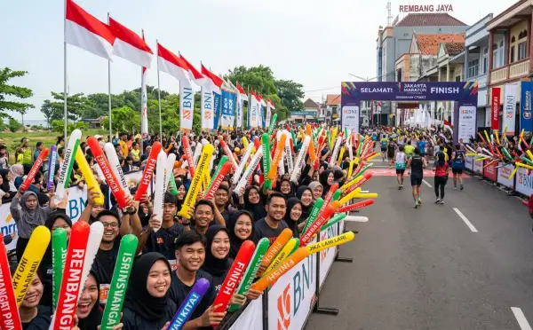 Peserta dan penonton memeriahkan acara lari maraton dengan balon tepuk warna-warni di sepanjang garis finish.
