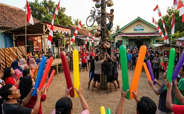 Balon tepuk warna-warni digunakan penonton saat menyaksikan panjat pinang