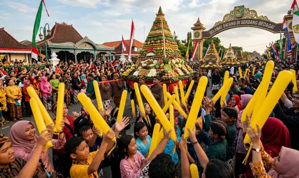 Penonton mengikuti kemeriahan acara budaya dengan gunungan.