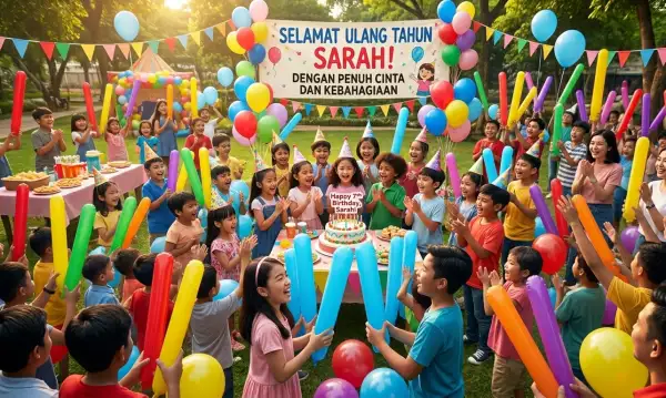 Anak-anak dan keluarga menggunakan balon warna-warni dalam suasana perayaan ulang tahun.